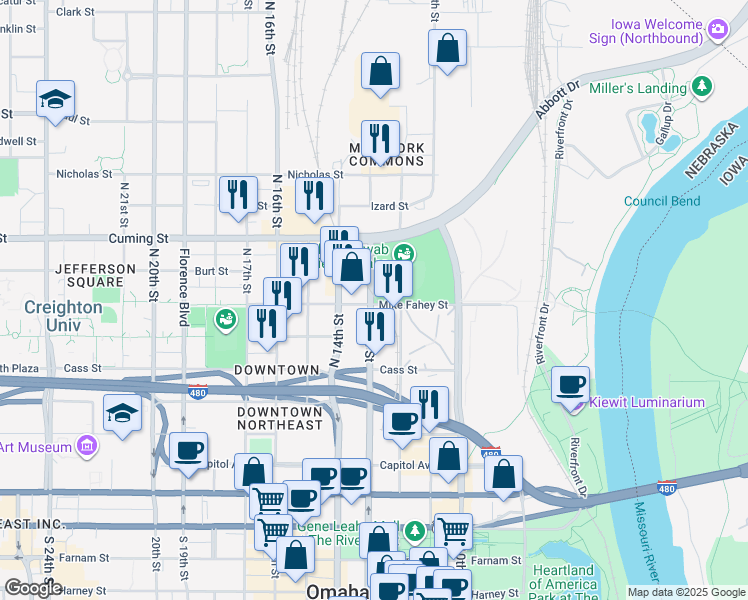 map of restaurants, bars, coffee shops, grocery stores, and more near 16215 Highway 50 in Omaha