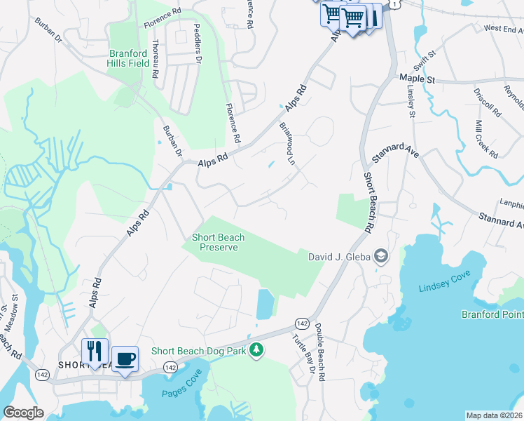 map of restaurants, bars, coffee shops, grocery stores, and more near 39 Briarwood Lane in Branford