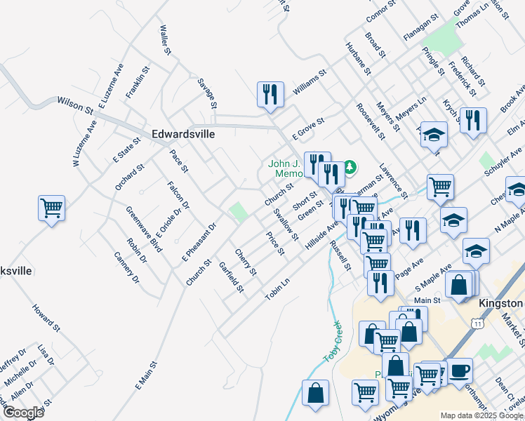 map of restaurants, bars, coffee shops, grocery stores, and more near 126 Church Street in Edwardsville