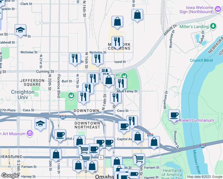 map of restaurants, bars, coffee shops, grocery stores, and more near 729 North 14th Street in Omaha