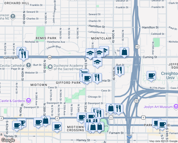 map of restaurants, bars, coffee shops, grocery stores, and more near 719 North 33rd Street in Omaha