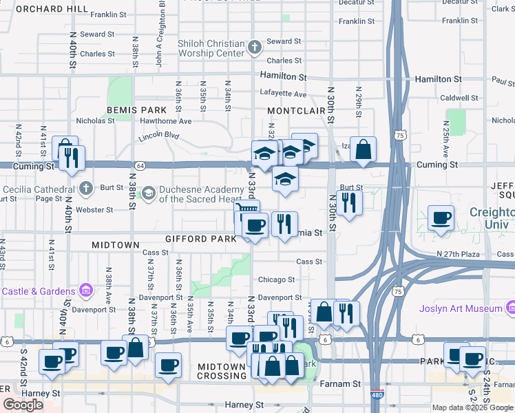 map of restaurants, bars, coffee shops, grocery stores, and more near 719 North 33rd Street in Omaha