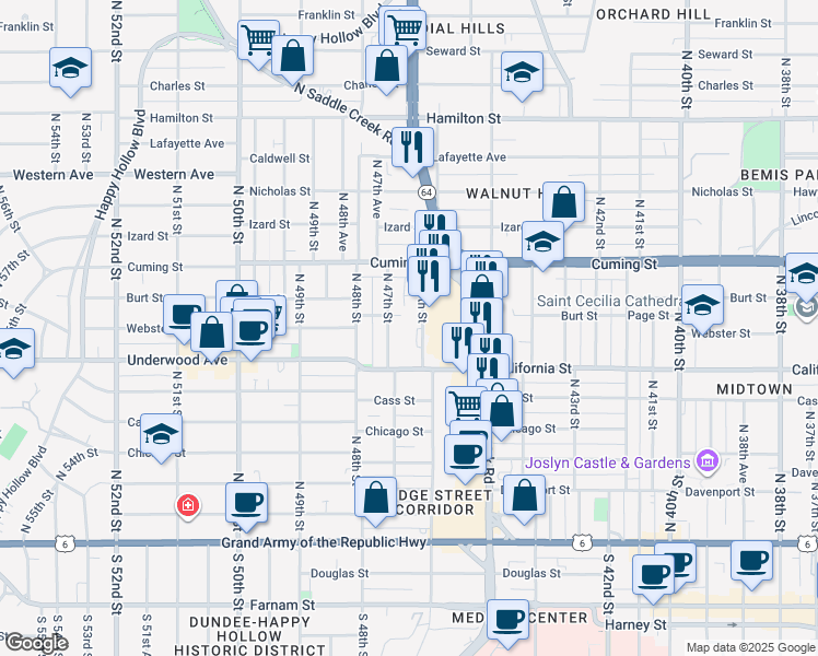 map of restaurants, bars, coffee shops, grocery stores, and more near 802 North 46th Street in Omaha