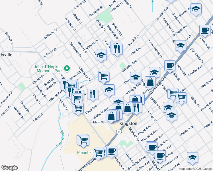 map of restaurants, bars, coffee shops, grocery stores, and more near 239 Schuyler Avenue in Kingston