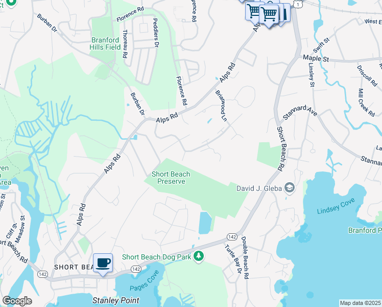 map of restaurants, bars, coffee shops, grocery stores, and more near 39 Briarwood Lane in Branford