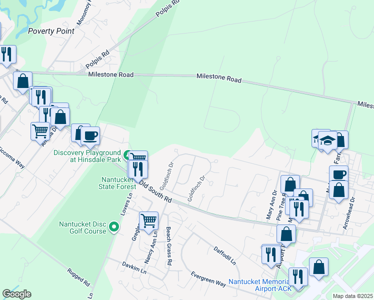 map of restaurants, bars, coffee shops, grocery stores, and more near 3 Dovekie Court in Nantucket