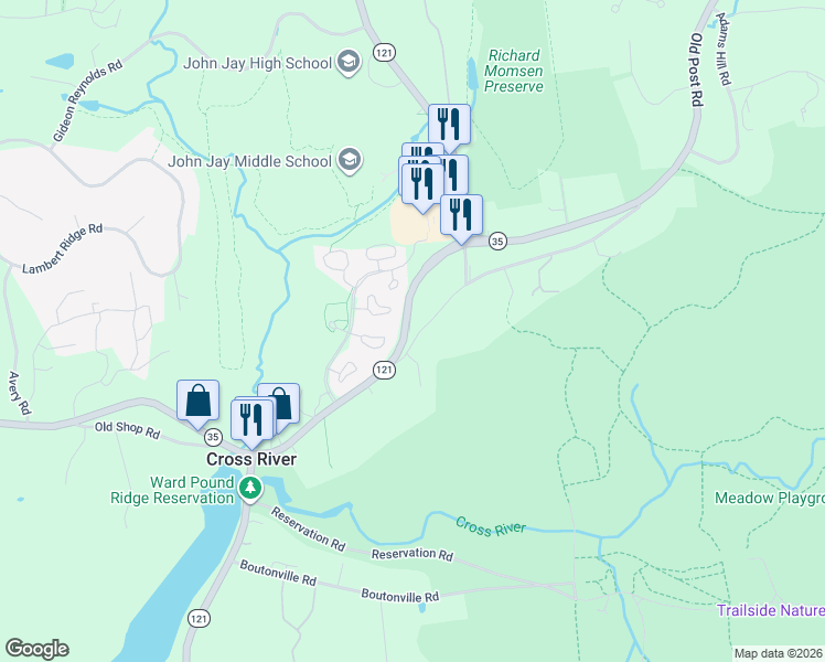 map of restaurants, bars, coffee shops, grocery stores, and more near 5 Mark Mead Road in Cross River