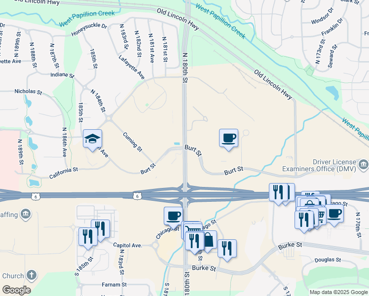 map of restaurants, bars, coffee shops, grocery stores, and more near Burt St & N 180th St in Elkhorn