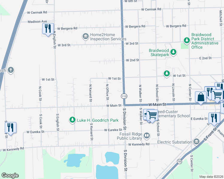 map of restaurants, bars, coffee shops, grocery stores, and more near 179 North Office Street in Braidwood