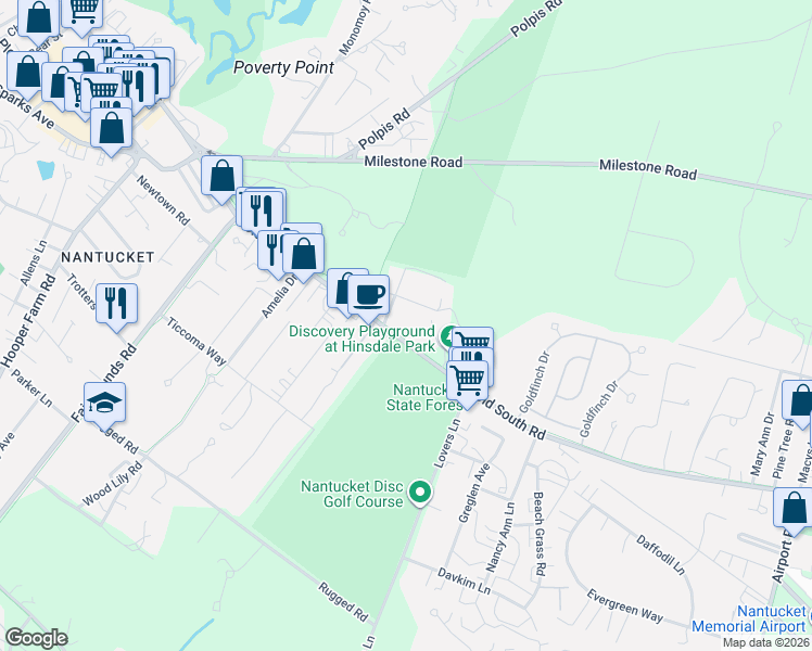 map of restaurants, bars, coffee shops, grocery stores, and more near 6 Fawn Lane in Nantucket