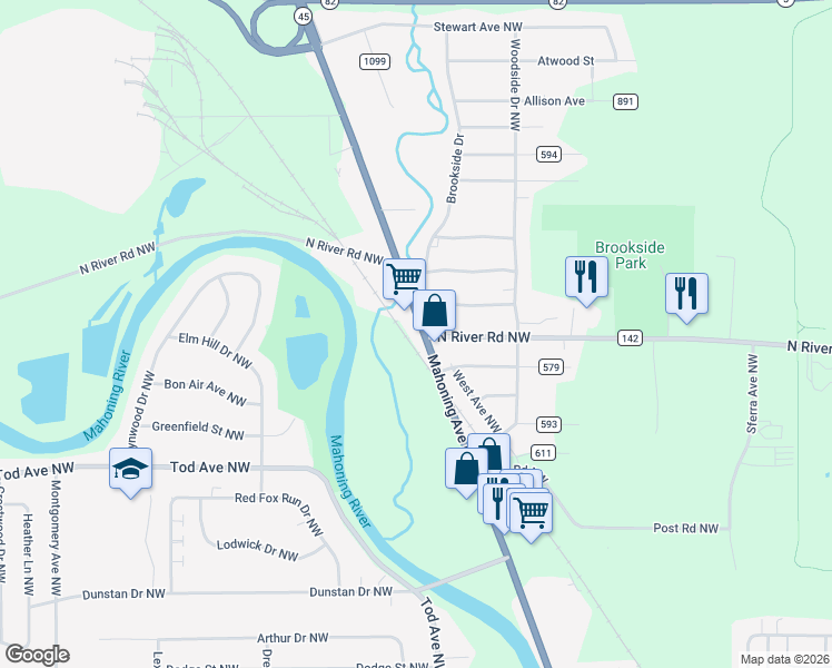 map of restaurants, bars, coffee shops, grocery stores, and more near 3426 State 45 Route in Leavittsburg
