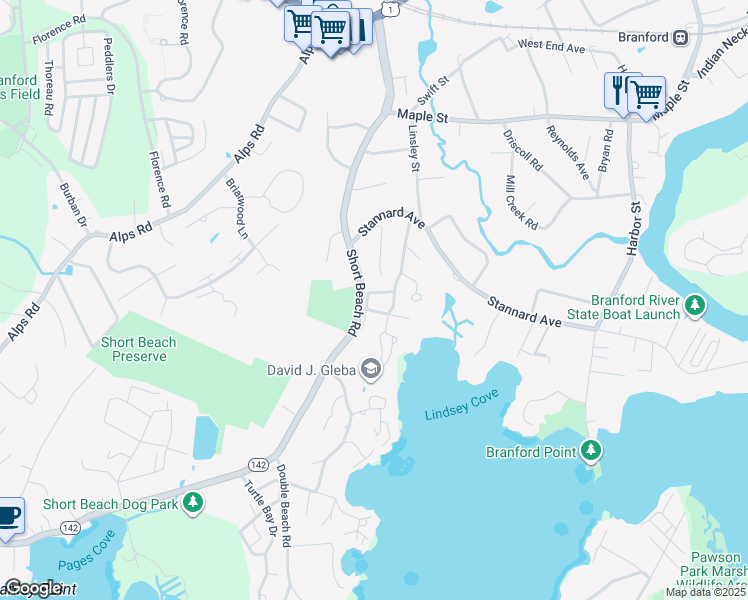 map of restaurants, bars, coffee shops, grocery stores, and more near 114 Short Beach Road in Branford