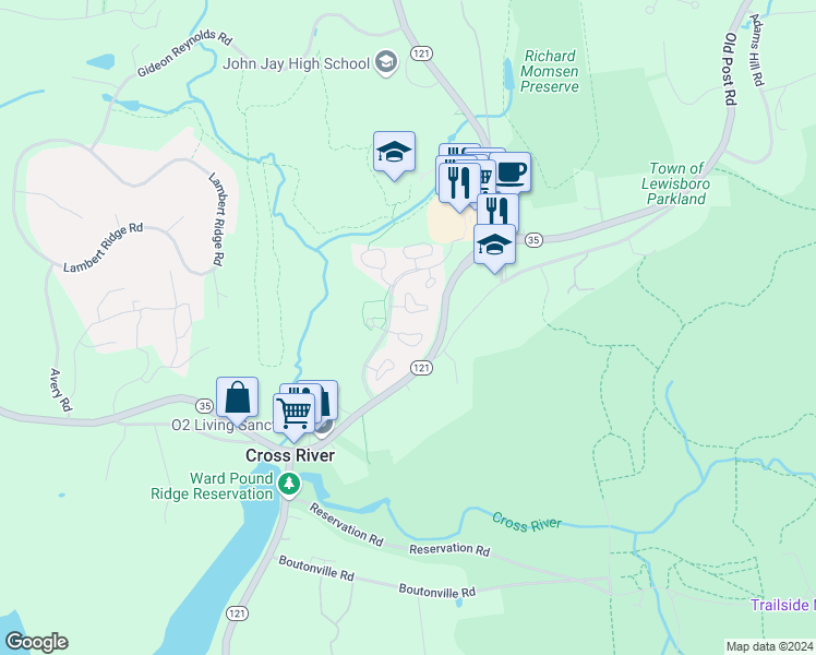 map of restaurants, bars, coffee shops, grocery stores, and more near 98 Locust Ridge in Cross River
