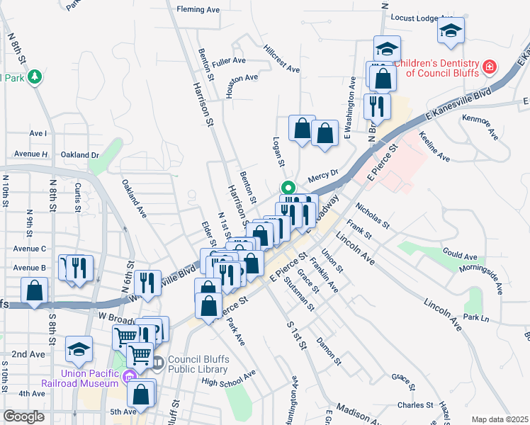 map of restaurants, bars, coffee shops, grocery stores, and more near 132 Baughn Street in Council Bluffs