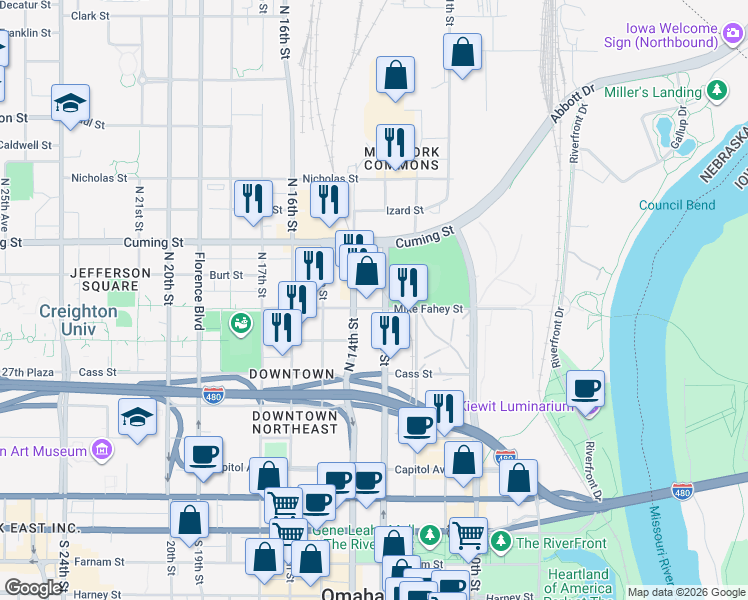 map of restaurants, bars, coffee shops, grocery stores, and more near 729 North 14th Street in Omaha