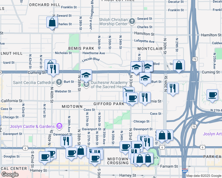 map of restaurants, bars, coffee shops, grocery stores, and more near 3415 Burt Street in Omaha