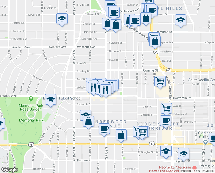 map of restaurants, bars, coffee shops, grocery stores, and more near 4919 Burt Street in Omaha