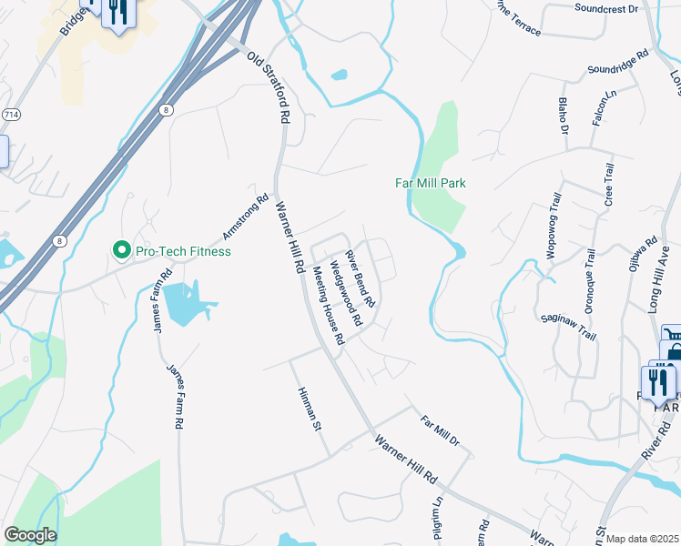 map of restaurants, bars, coffee shops, grocery stores, and more near 83 River Bend Road in Stratford