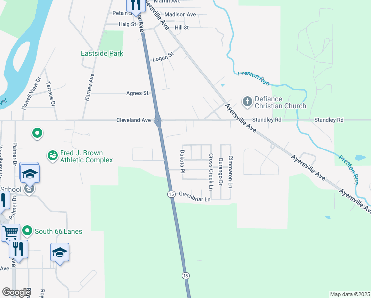map of restaurants, bars, coffee shops, grocery stores, and more near 1685 Dakota Place in Defiance
