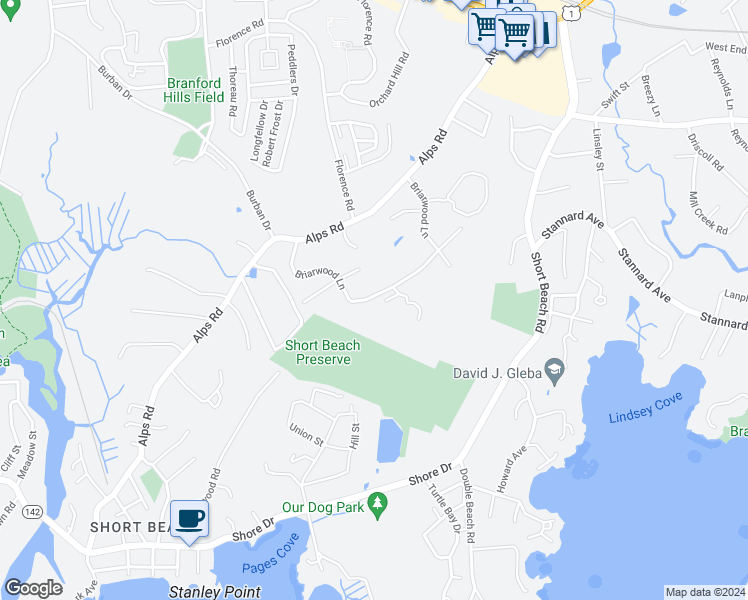 map of restaurants, bars, coffee shops, grocery stores, and more near 39 Briarwood Lane in Branford