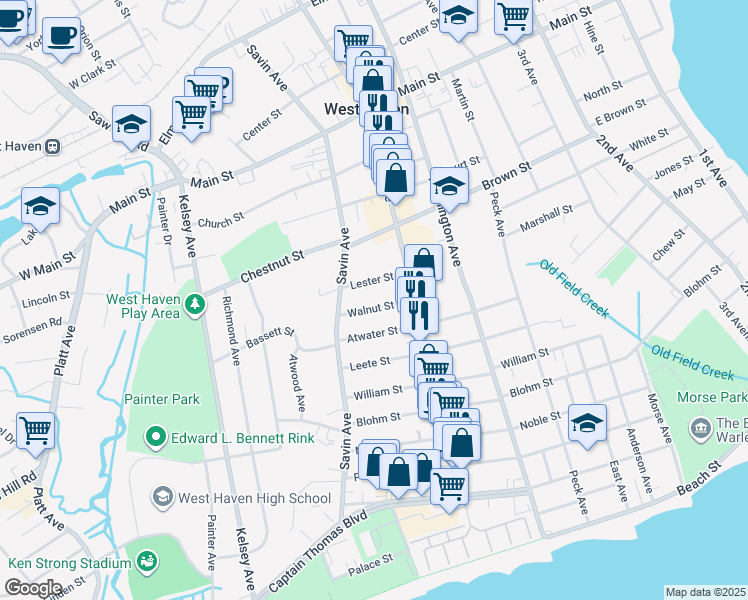 map of restaurants, bars, coffee shops, grocery stores, and more near 42 Lester Street in West Haven