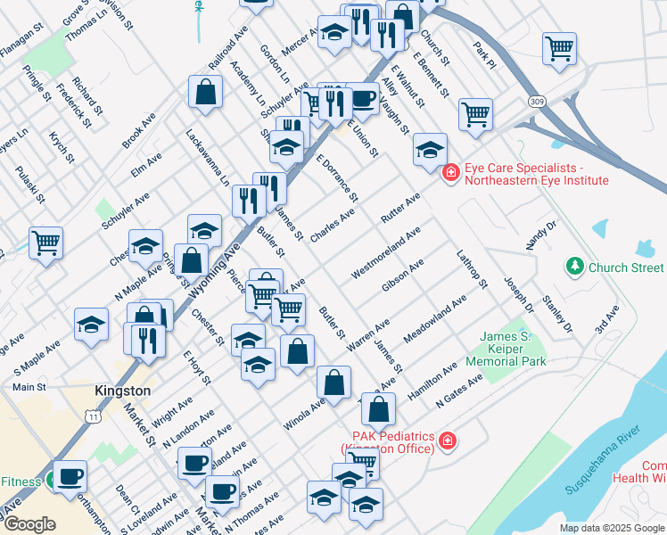 map of restaurants, bars, coffee shops, grocery stores, and more near 527 Rutter Avenue in Kingston
