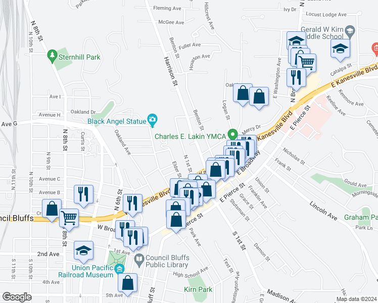 map of restaurants, bars, coffee shops, grocery stores, and more near 327 North 1st Street in Council Bluffs
