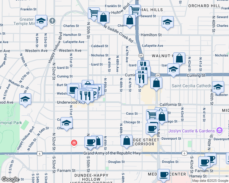 map of restaurants, bars, coffee shops, grocery stores, and more near 4809 Burt Street in Omaha