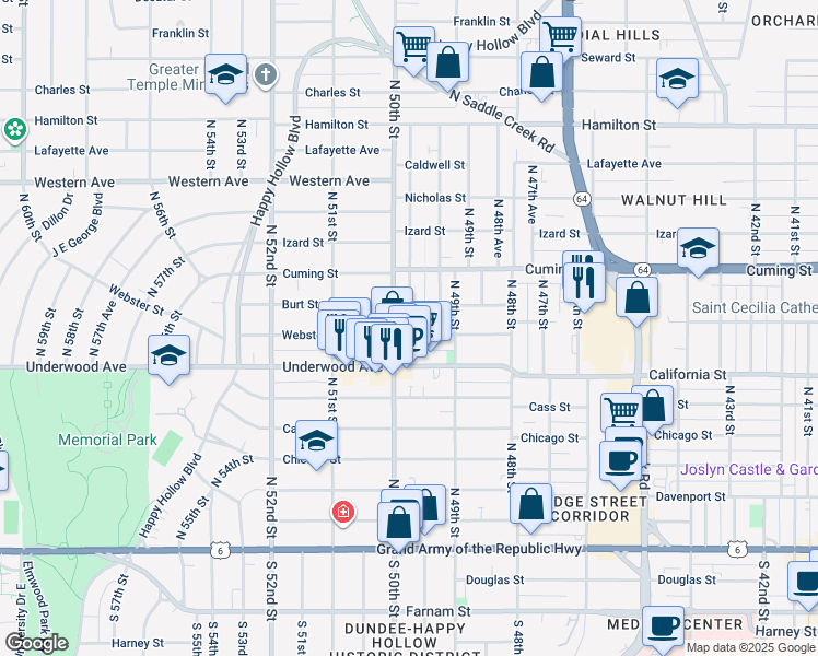 map of restaurants, bars, coffee shops, grocery stores, and more near 4919 Burt Street in Omaha