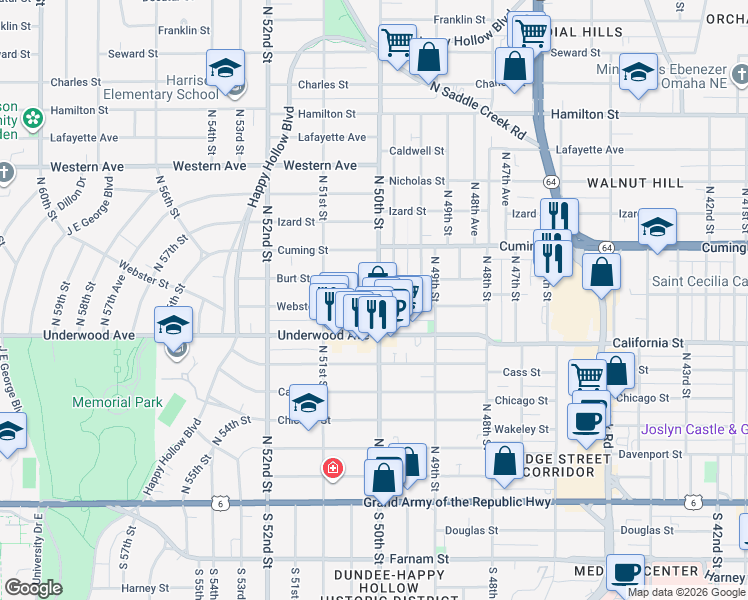 map of restaurants, bars, coffee shops, grocery stores, and more near in Omaha
