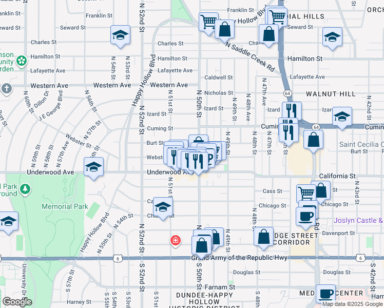 map of restaurants, bars, coffee shops, grocery stores, and more near in Omaha