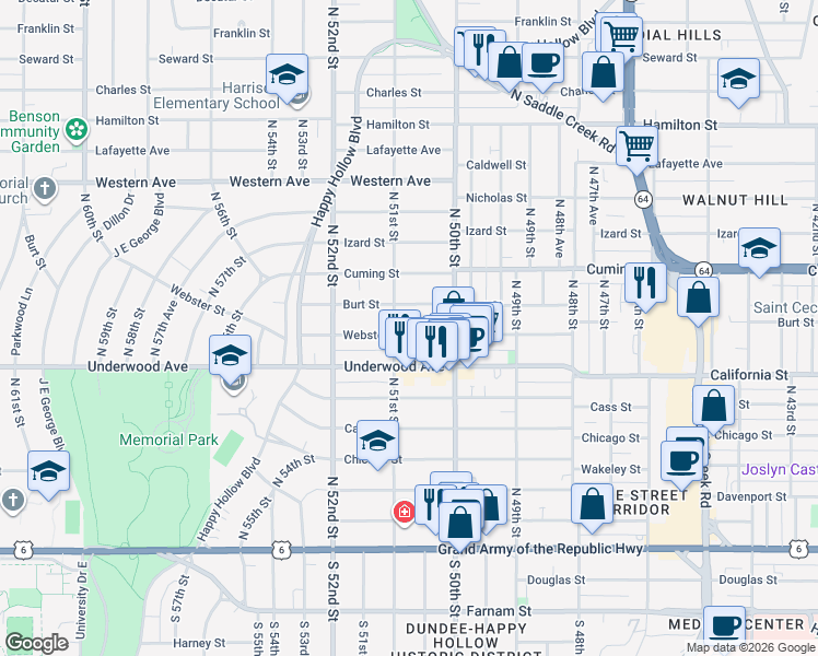 map of restaurants, bars, coffee shops, grocery stores, and more near 5023 Burt Street in Omaha