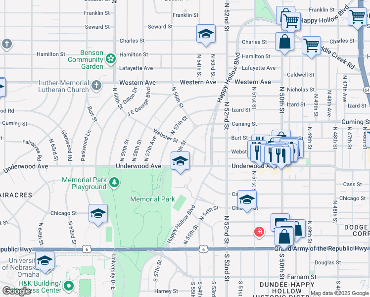 map of restaurants, bars, coffee shops, grocery stores, and more near 703 North 56th Street in Omaha