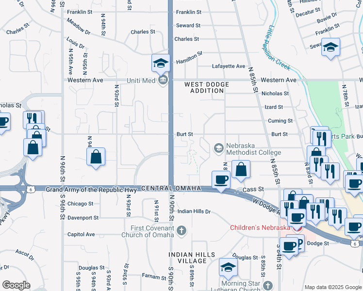 map of restaurants, bars, coffee shops, grocery stores, and more near 701 North 89th Plaza in Omaha