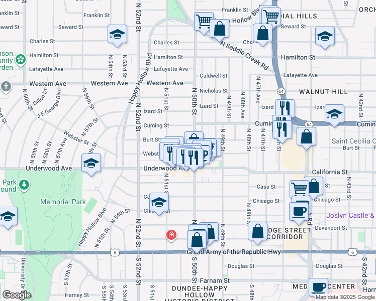 map of restaurants, bars, coffee shops, grocery stores, and more near in Omaha