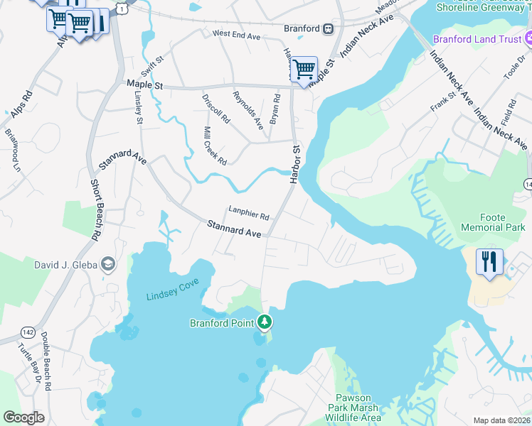 map of restaurants, bars, coffee shops, grocery stores, and more near 136 Harbor Street in Branford