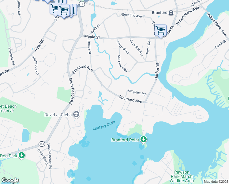 map of restaurants, bars, coffee shops, grocery stores, and more near 49 Stannard Avenue in Branford