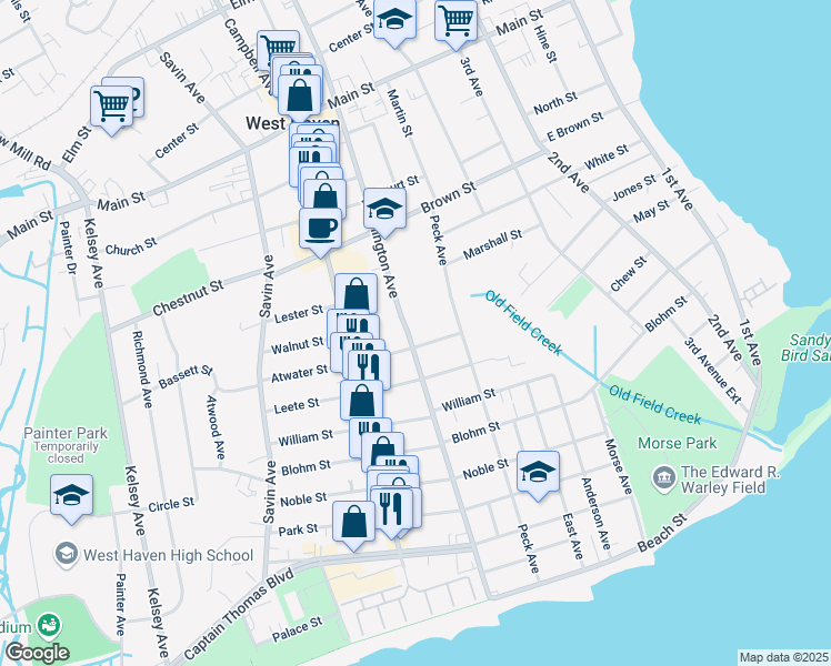 map of restaurants, bars, coffee shops, grocery stores, and more near 263 Washington Avenue in West Haven