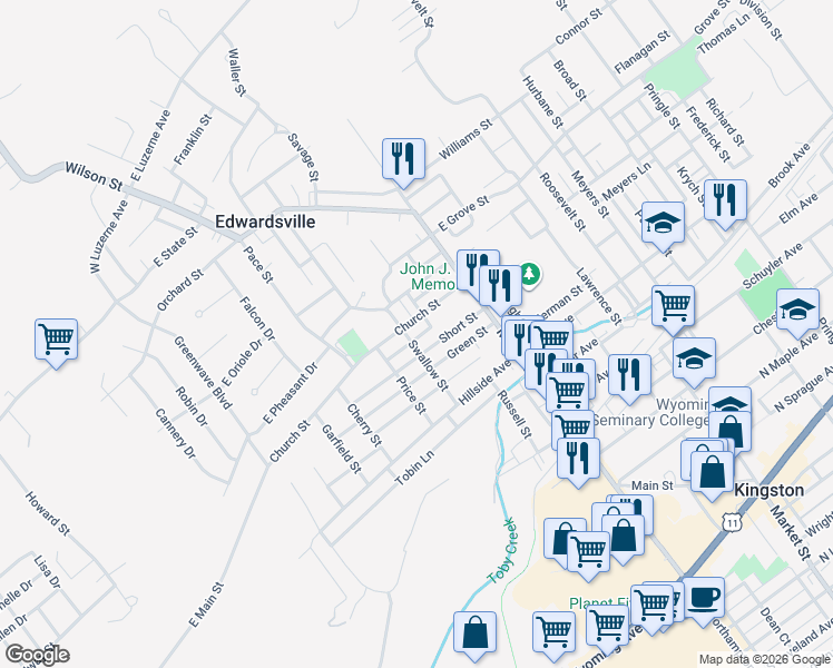 map of restaurants, bars, coffee shops, grocery stores, and more near 86 Church Street in Edwardsville