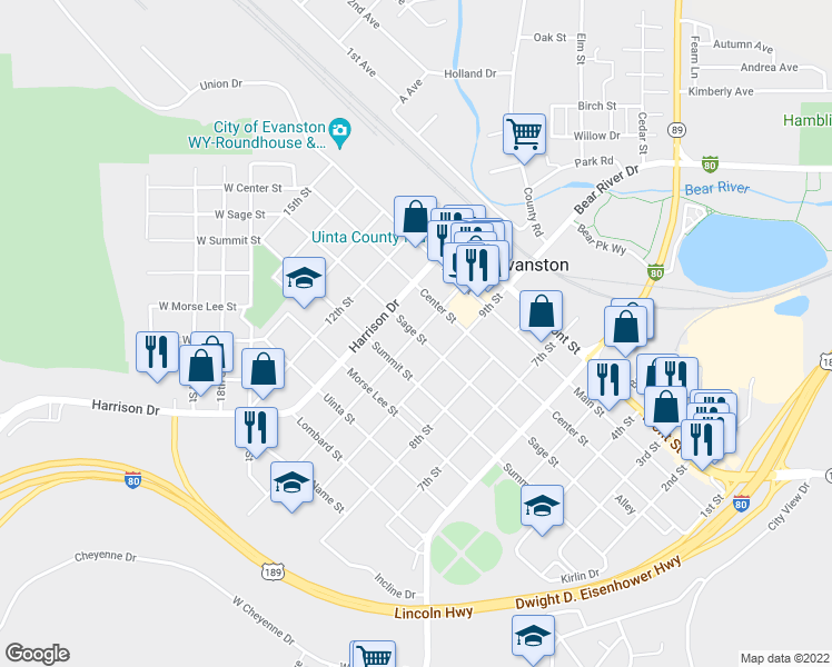 map of restaurants, bars, coffee shops, grocery stores, and more near Sage St & 10th St in Evanston