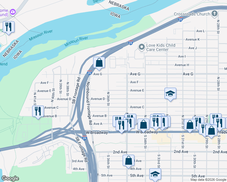 map of restaurants, bars, coffee shops, grocery stores, and more near 3534 Avenue E in Council Bluffs