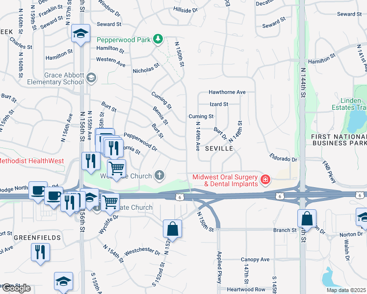 map of restaurants, bars, coffee shops, grocery stores, and more near 811 North 150th Street in Omaha