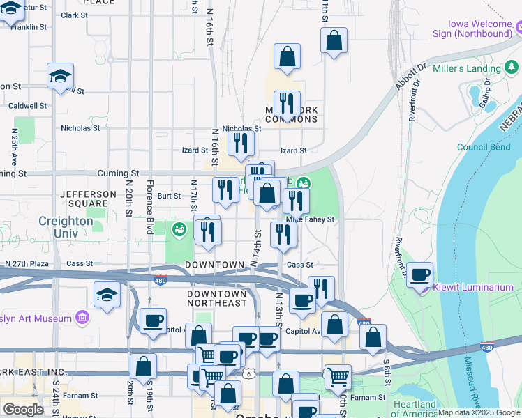 map of restaurants, bars, coffee shops, grocery stores, and more near 729 North 14th Street in Omaha