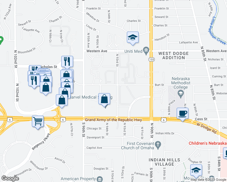 map of restaurants, bars, coffee shops, grocery stores, and more near 770 North 93rd Street in Omaha