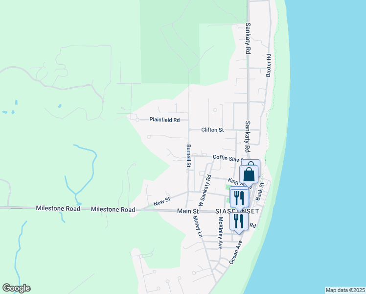 map of restaurants, bars, coffee shops, grocery stores, and more near 35 Burnell Street in Nantucket