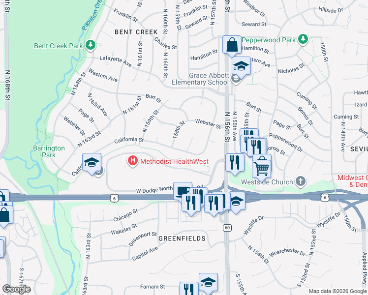 map of restaurants, bars, coffee shops, grocery stores, and more near 608 North 157th Circle in Omaha