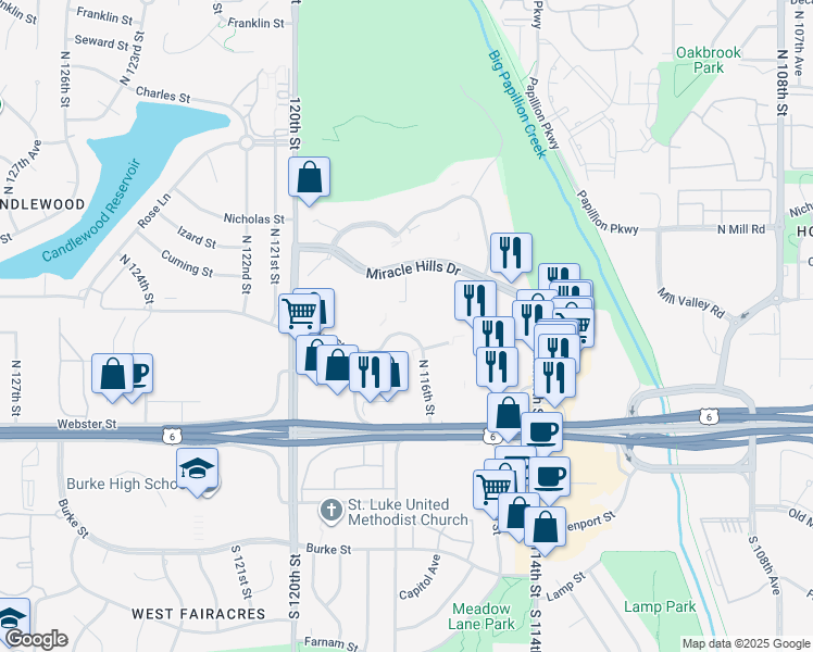 map of restaurants, bars, coffee shops, grocery stores, and more near 11602 Burt Street in Omaha