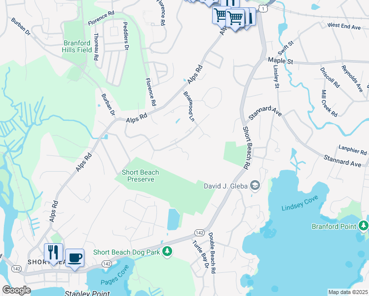 map of restaurants, bars, coffee shops, grocery stores, and more near 57 Briarwood Lane in Branford