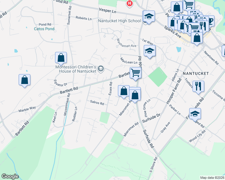 map of restaurants, bars, coffee shops, grocery stores, and more near 12 Essex Road in Nantucket