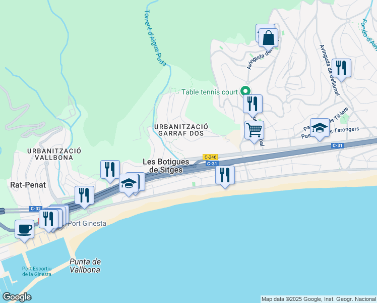 map of restaurants, bars, coffee shops, grocery stores, and more near in Les Botigues de Sitges